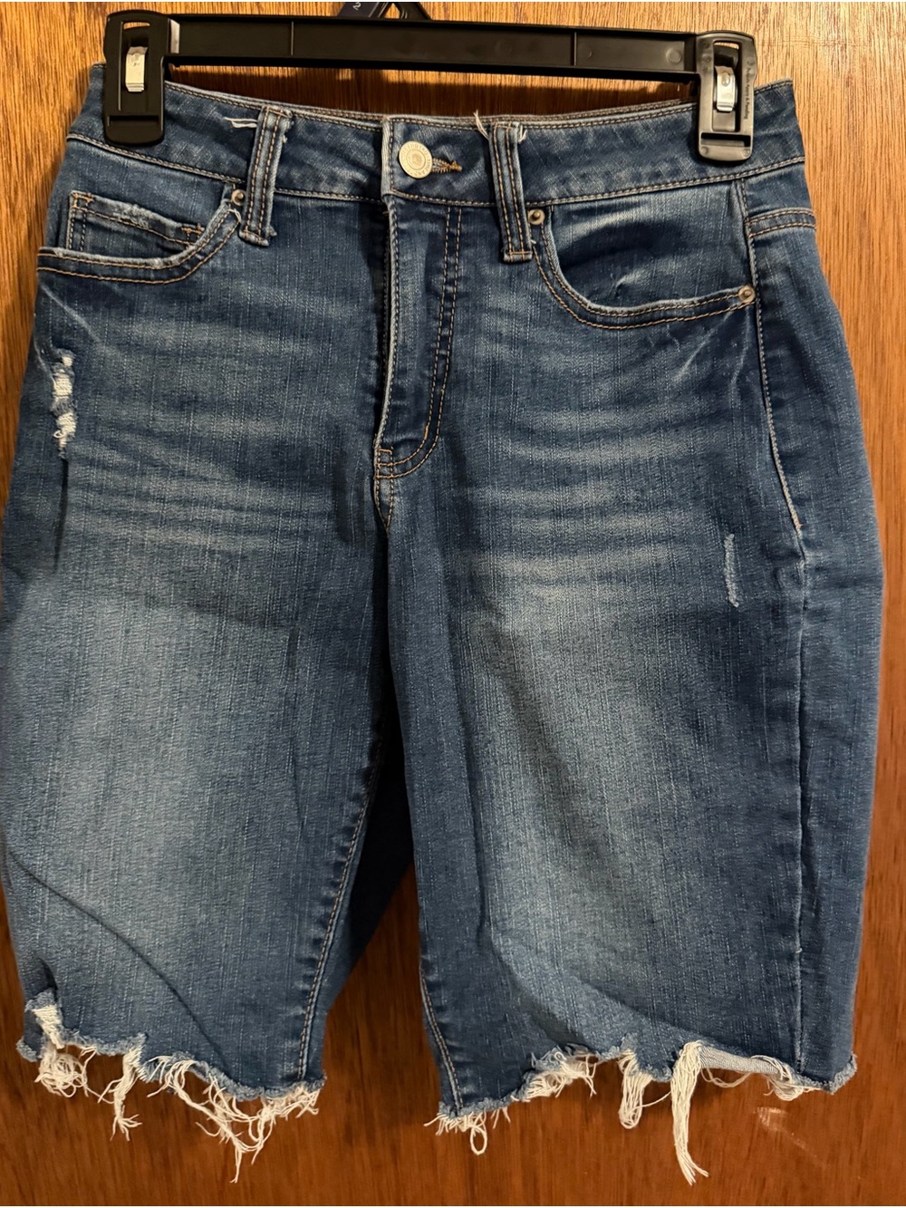 Time and Tru Distressed Midi Jean Shorts in Dark Blue Wash